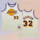 Men's Los Angeles Lakers Magic Johnson NO 32 Mitchell & Ness Chainstitch Cream Jersey