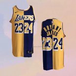 Men's Los Angeles Lakers Kobe Bryant LeBron James NO 24 23 Split Yellow Purple Jersey